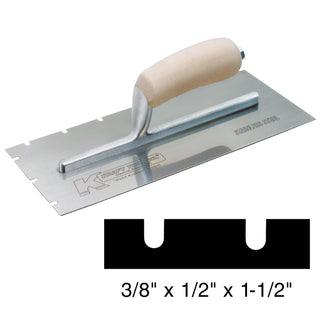 Kraft Tool PL624 12" x 5" Stainless Steel EIFS 3/8" x 1/2" x 1-1/2" Notch Trowel with Wood Handle