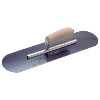 Kraft Tool CF291B 18" x 4-1/2" Blue Steel Pool Trowel with Camel Back Wood Handle on a Short Shank