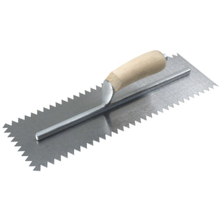 Kraft Tool PL630 16" x 5" 1/2" x 1/2" V Notch Scratcher Trowel with Wood Handle