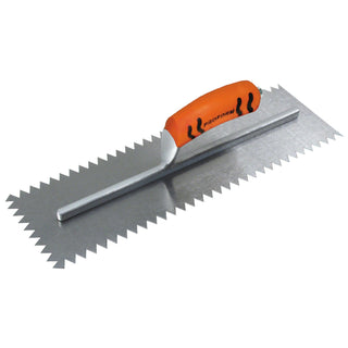 Kraft Tool PL630PF 16" x 5" 1/2" x 1/2" V Notch Scratcher Trowel with ProForm Handle