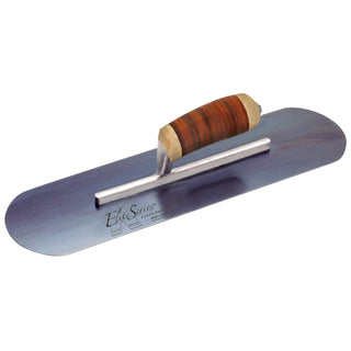 Kraft Tool CFE277BL Elite Series Five Star 14" x 4" Blue Steel Pool Trowel with Leather Handle on a Short Shank