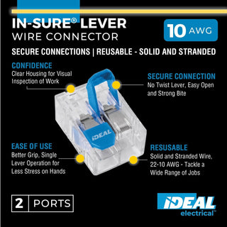 Ideal 30-10L32 In-Sure Lever Wire Connector, 10 AWG, 2-Port, 100 Box