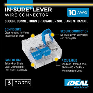 Ideal 30-10L33 In-Sure Lever Wire Connector, 10 AWG, 3-Port, 75 Box