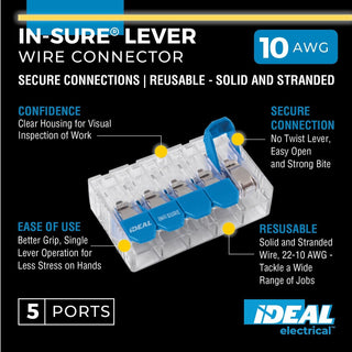 Ideal 30-10L35 In-Sure Lever Wire Connector, 10 AWG, 5-Port, 50 Box