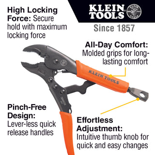 Klein Tools 38665 Locking Pliers, Long Nose 6", Curved Jaw 7" & 10", 3 Pc.
