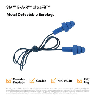 3M E-A-R UltraFit Earplugs 340-4007, Metal Detectable, Corded, PolyBag