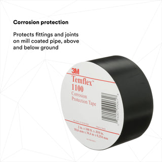 3M Temflex Vinyl Corrosion Protection Tape 1100, 2 in x 100 ft,Unprinted, Black