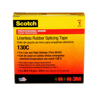 Scotch® Linerless Rubber Splicing Tape 130C, 1 in x 30 ft, Black, 1roll/carton