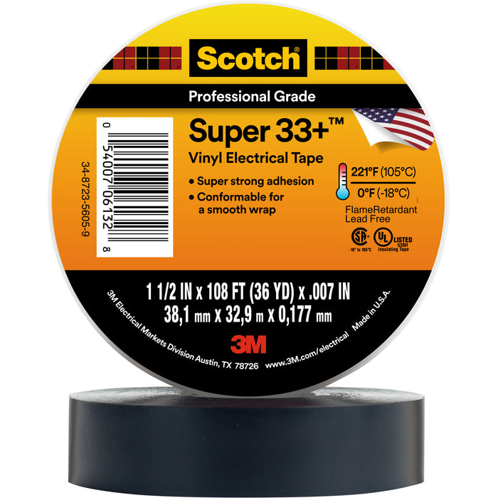 Scotch® Super 33+ Vinyl Electrical Tape, 1-1/2 in x 36 yd, 1-1/2 inCore, Black