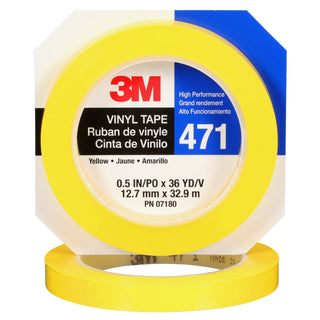 3M Vinyl Tape 471, Yellow, 1/2 in x 36 yd, 5.2 mil