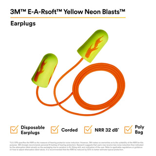 3M E-A-Rsoft Yellow Neon Blasts Earplugs 311-1252, Corded, Poly Bag,Regular Size