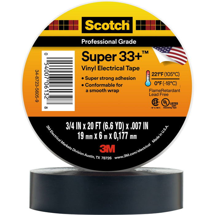 Scotch® Super 33+ Vinyl Electrical Tape, 3/4 in x 20 ft, Black, 10rolls/carton