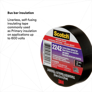 3M Linerless Electrical Rubber Tape 2242, 3/4 in x 15 ft, 1 in core,Black