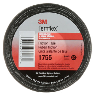 3M Temflex Cotton Friction Tape 1755, 3/4 in x 60 ft, Black