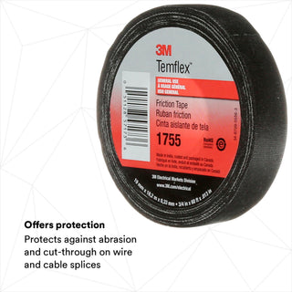 3M Temflex Cotton Friction Tape 1755, 3/4 in x 60 ft, Black