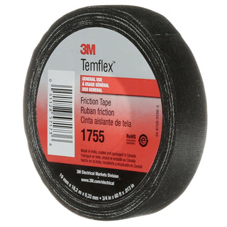 3M Temflex Cotton Friction Tape 1755, 3/4 in x 60 ft, Black