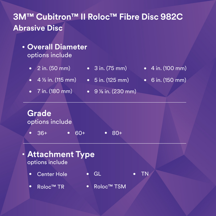 3M Cubitron II Roloc Fibre Disc 982C, 36+, TR, Red, 3 in, Die R300V,
50/Carton