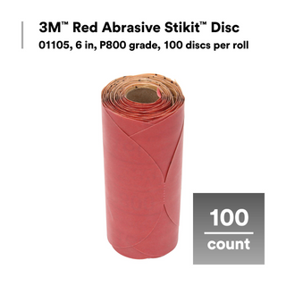 3M Red Abrasive Stikit Disc, 01105, 6 in, P800 grade, 100 discs per
roll