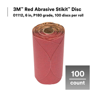 3M Red Abrasive Stikit Disc, 01112, 6 in, P180 grade, 100 discs perroll