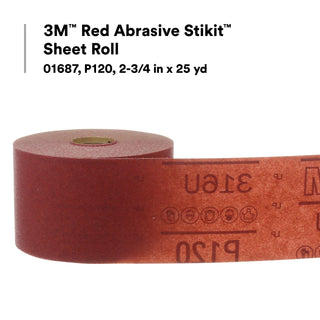 3M Red Abrasive Stikit Sheet Roll, 01687, P120, 2-3/4 in x 25 yd