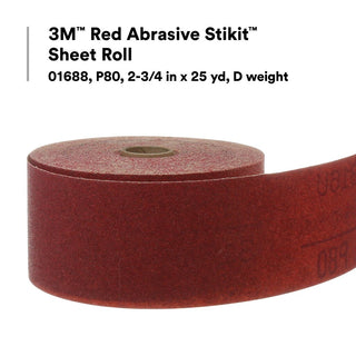 3M Red Abrasive Stikit Sheet Roll, 01688, P80, 2-3/4 in x 25 yd, Dweight