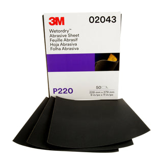 3M Wetordry Abrasive Sheet, 02043, P220, 9 in x 11 in, 50 sheets percarton