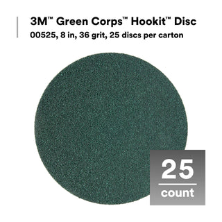 3M Green Corps Hookit Disc, 00525, 8 in, 36, 25 discs per carton