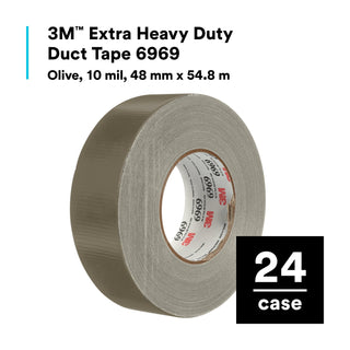 3M Extra Heavy Duty Duct Tape 6969, Olive, 48 mm x 54.8 m, 10.7 mil, 24Roll/Case