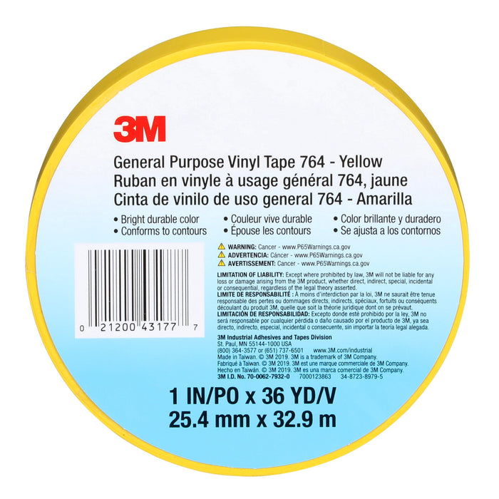 3M General Purpose Vinyl Tape 764, Yellow, 1 in x 36 yd, 5 mil, 36 Roll/Case