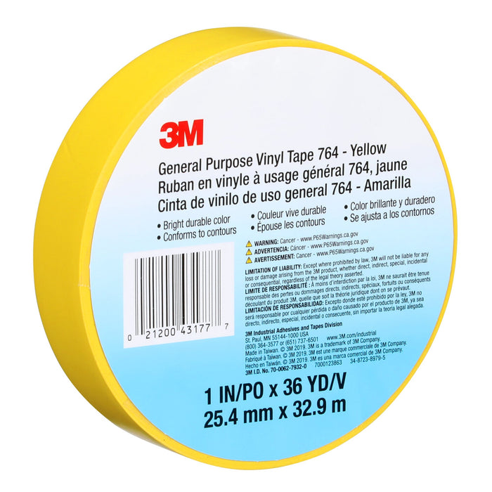 3M General Purpose Vinyl Tape 764, Yellow, 1 in x 36 yd, 5 mil, 36 Roll/Case