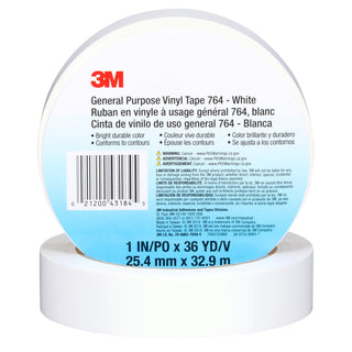 3M General Purpose Vinyl Tape 764, White, 1 in x 36 yd, 5 mil, 36 Roll/Case