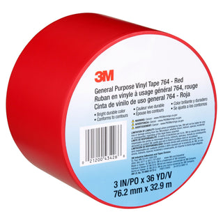 3M General Purpose Vinyl Tape 764, Red, 3 in x 36 yd, 5 mil, 12 Roll/Case