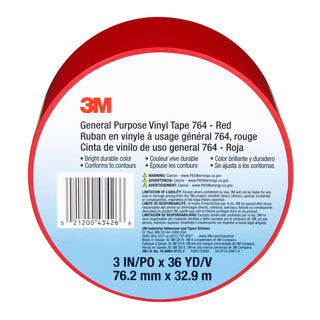 3M General Purpose Vinyl Tape 764, Red, 3 in x 36 yd, 5 mil, 12 Roll/Case