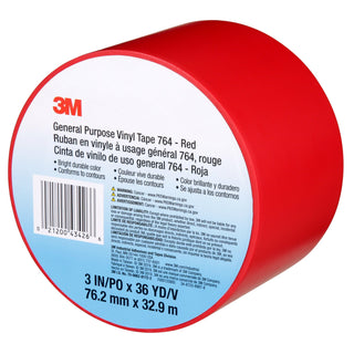 3M General Purpose Vinyl Tape 764, Red, 3 in x 36 yd, 5 mil, 12 Roll/Case