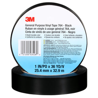 3M General Purpose Vinyl Tape 764, Black, 1 in x 36 yd, 5 mil, 36 Roll/Case