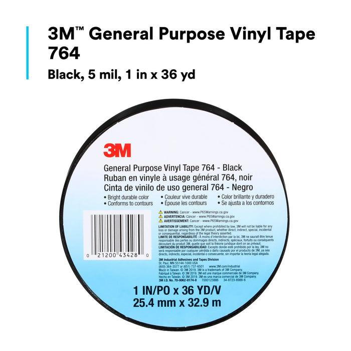3M General Purpose Vinyl Tape 764, Black, 1 in x 36 yd, 5 mil, 36 Roll/Case