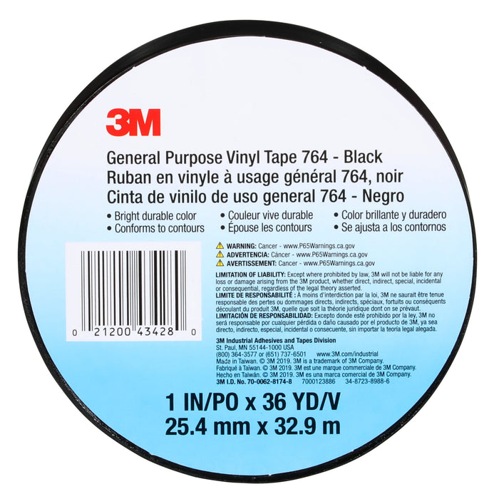 3M General Purpose Vinyl Tape 764, Black, 1 in x 36 yd, 5 mil, 36 Roll/Case