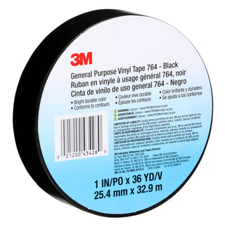 3M General Purpose Vinyl Tape 764, Black, 1 in x 36 yd, 5 mil, 36 Roll/Case