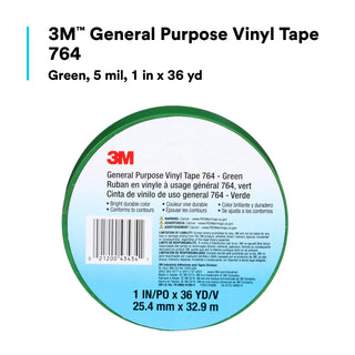 3M General Purpose Vinyl Tape 764, Green, 1 in x 36 yd, 5 mil, 36 Roll/Case