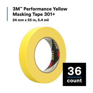 3M Performance Yellow Masking Tape 301+, 24 mm x 55 m, 6.3 mil