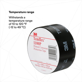 3M Temflex Vinyl Corrosion Protection Tape 1100, 2 in x 100 ft,Printed, Black