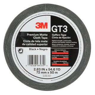 3M Premium Matte Cloth (Gaffers) Tape GT3, Black, 72 mm x 50 m, 11 mil