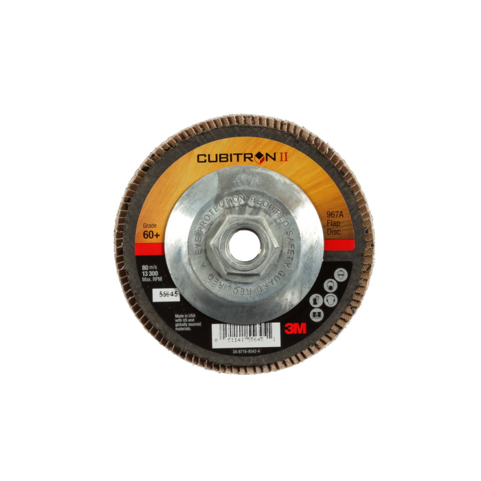 3M Cubitron II Flap Disc 967A, 60+, T29 Quick Change, 4-1/2 in x
5/8"-11, Giant