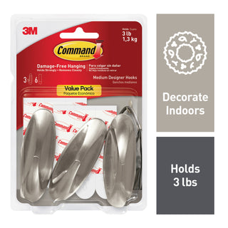 Command Medium Designer Hook 17081BN-3ES, Brushed Nickel