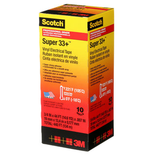 Scotch® Super 33+ Vinyl Electrical Tape, 3/4 in x 44 ft, Black, 10rolls/carton