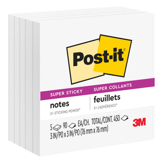 Post-it® Super Sticky Notes 654-5SSW, 3 in x 3 in (76 mm x 76 mm),White