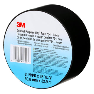 3M General Purpose Vinyl Tape 764, Black, 3 in x 36 yd, 5 mil, 12 Roll/Case, 45 Cases Per Order