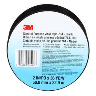 3M General Purpose Vinyl Tape 764, Black, 3 in x 36 yd, 5 mil, 12 Roll/Case, 45 Cases Per Order