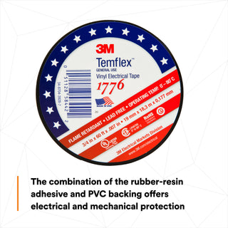 3M Temflex Vinyl Electrical Tape 1776, 3/4 in x ‎60 ft, 1-1/2 in Core,Black