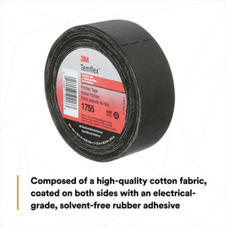 3M Temflex Cotton Friction Tape 1755, 1-1/2 in x 82-1/2 ft, Black